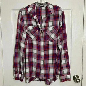 SAM EDELMAN Red, White, and Blue Plaid Woman Button Down | size Large
